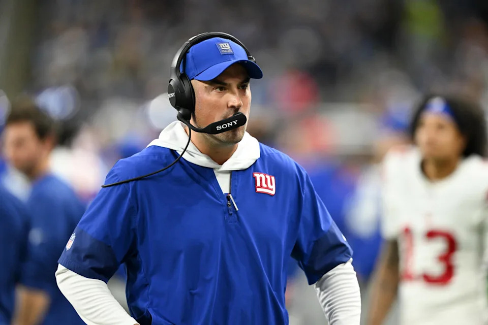 Nov 23, 2025; Detroit, Michigan, USA; New York Giants interim head coach Mike Kafka looks on during the third quarter against the Detroit Lions at Ford Field. Mandatory Credit: Lon Horwedel-Imagn Images