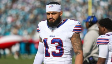 Buffalo Bills wide receiver Gabe Davis (13) walks the sideline before facing the Jacksonville Jaguars in an NFL wild card playoff football game, Sunday, Jan. 11, 2026, in Jacksonville, Fla. The Bills defeated the Jaguars 27-24. (AP Photo/Gary McCullough)