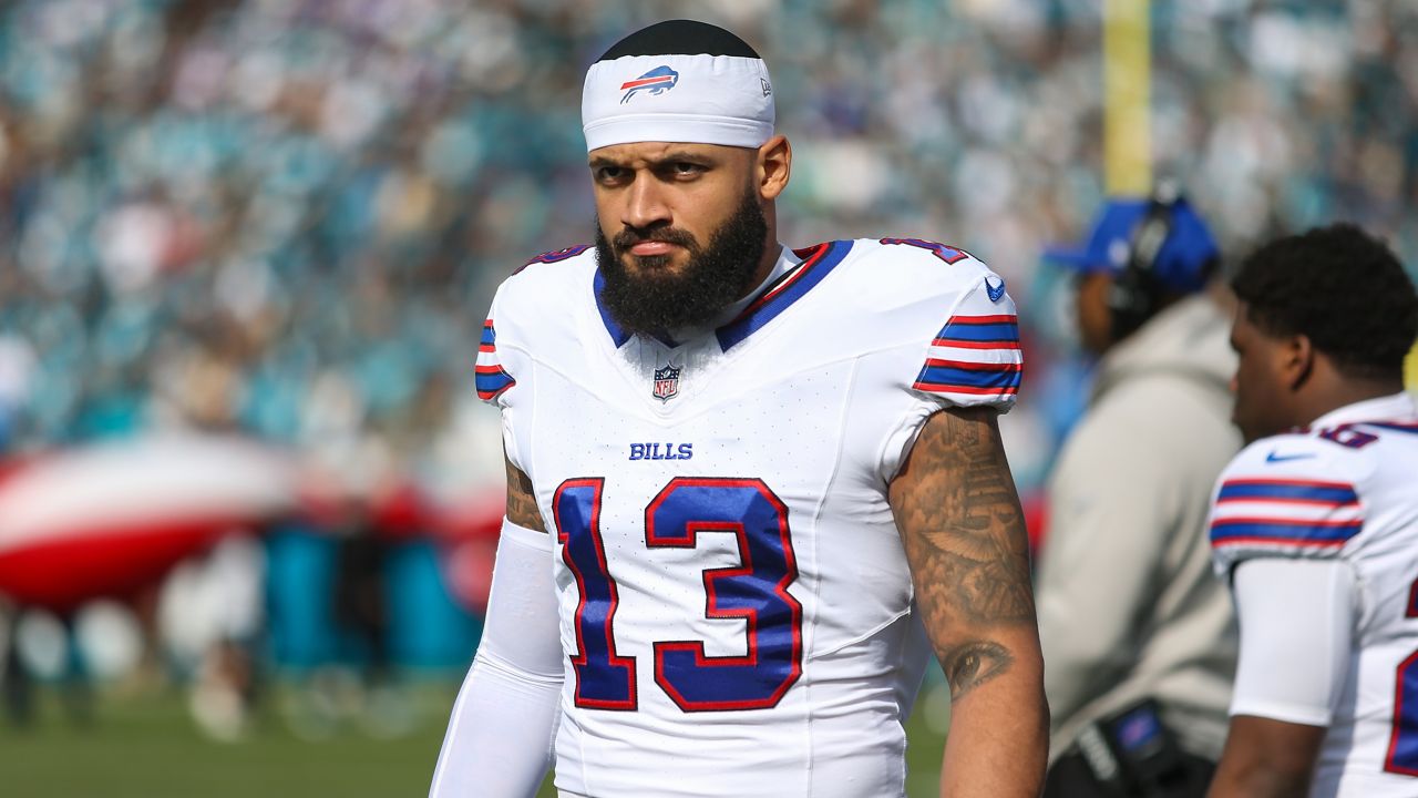 Buffalo Bills wide receiver Gabe Davis (13) walks the sideline before facing the Jacksonville Jaguars in an NFL wild card playoff football game, Sunday, Jan. 11, 2026, in Jacksonville, Fla. The Bills defeated the Jaguars 27-24. (AP Photo/Gary McCullough)
