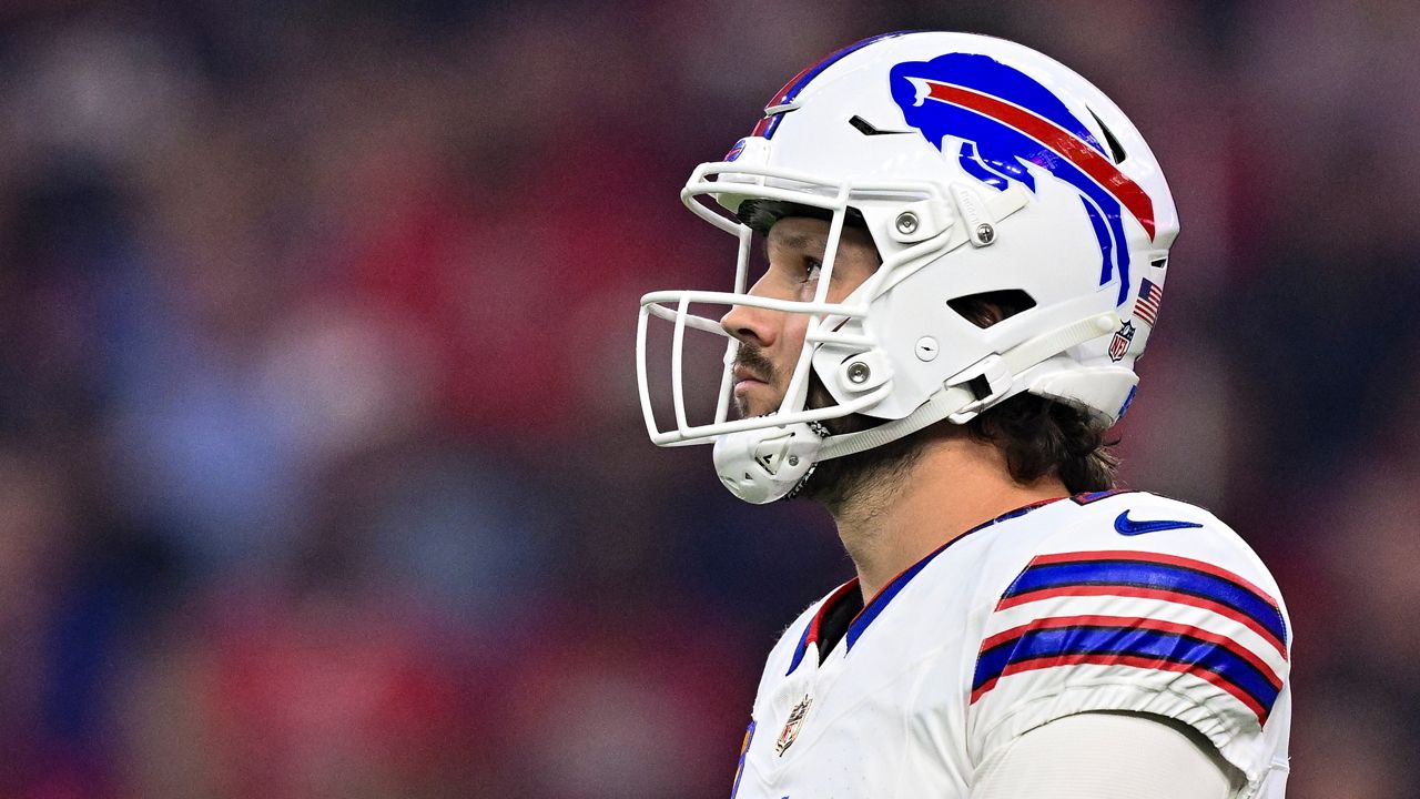 Buffalo Bills quarterback Josh Allen (17) looks on during the first quarter of an NFL football game against the Houston Texans, Thursday, Nov. 20, 2025, in Houston. (AP Photo/Maria Lysaker)