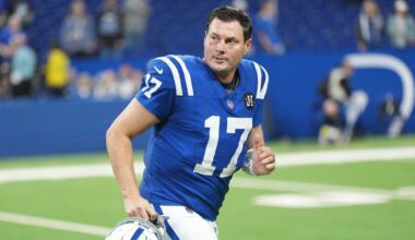 Indianapolis Colts quarterback Philip Rivers jogs off the field following an NFL football game against the Jacksonville Jaguars Sunday, Dec. 28, 2025, in Indianapolis. (AP Photo/AJ Mast)
