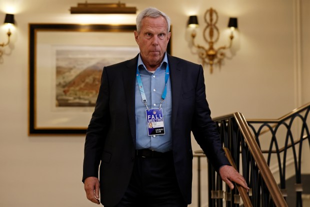 Steve Tisch, Chairman of the New York Giants, leaves the NFL football owners meeting in New York, Wednesday, Oct. 27, 2021. (AP Photo/Adam Hunger)
