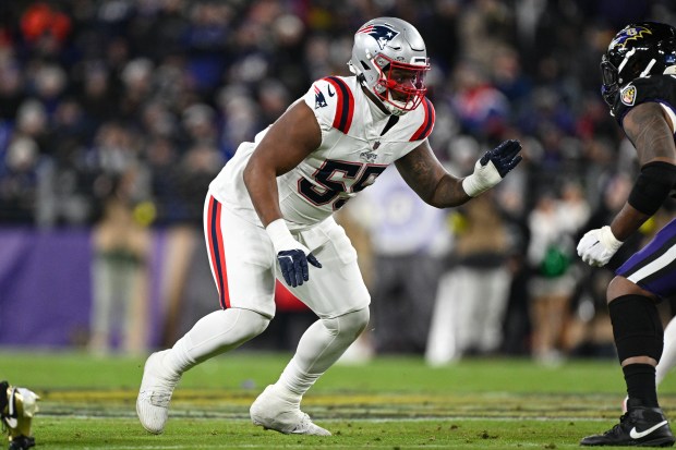 New England Patriots defensive tackle Eric Gregory in action during the first half of an NFL game against the Baltimore Ravens on Sunday, Dec. 21 in Baltimore. (AP Photo/Terrance Williams)
