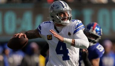 Dallas Cowboys quarterback Dak Prescott (4) passes against the New York Giants during the first quarter of an NFL football game, Sunday, Jan. 4, 2026, in East Rutherford, N.J. (AP Photo/Frank Franklin II)