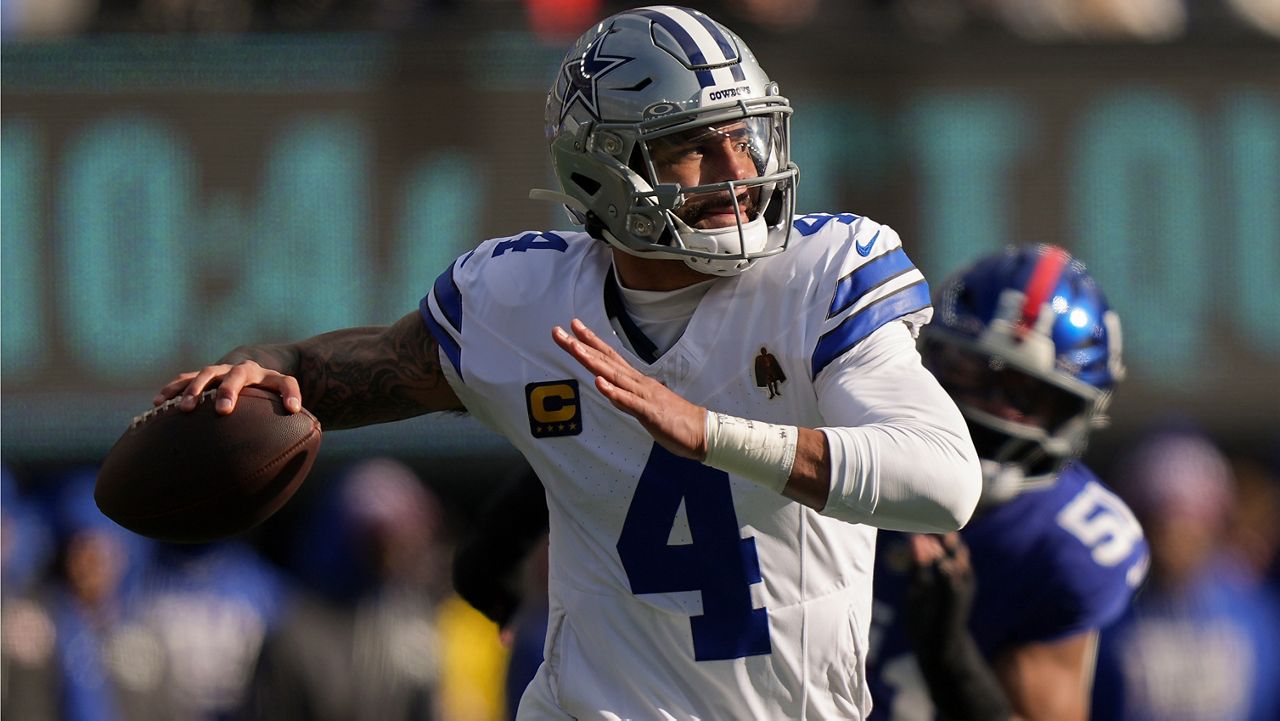 Dallas Cowboys quarterback Dak Prescott (4) passes against the New York Giants during the first quarter of an NFL football game, Sunday, Jan. 4, 2026, in East Rutherford, N.J. (AP Photo/Frank Franklin II)