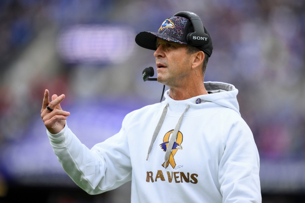 Baltimore Ravens head coach John Harbaugh reacts after a play against the Los Angeles Rams during the first half of an NFL football game Sunday, Oct. 12, 2025, in Baltimore.