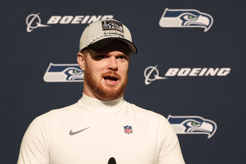 Seattle Seahawks quarterback Sam Darnold speaks at a news conference after an NFL football game against the San Francisco 49ers in Santa Clara, Calif., Saturday, Jan. 3, 2026.