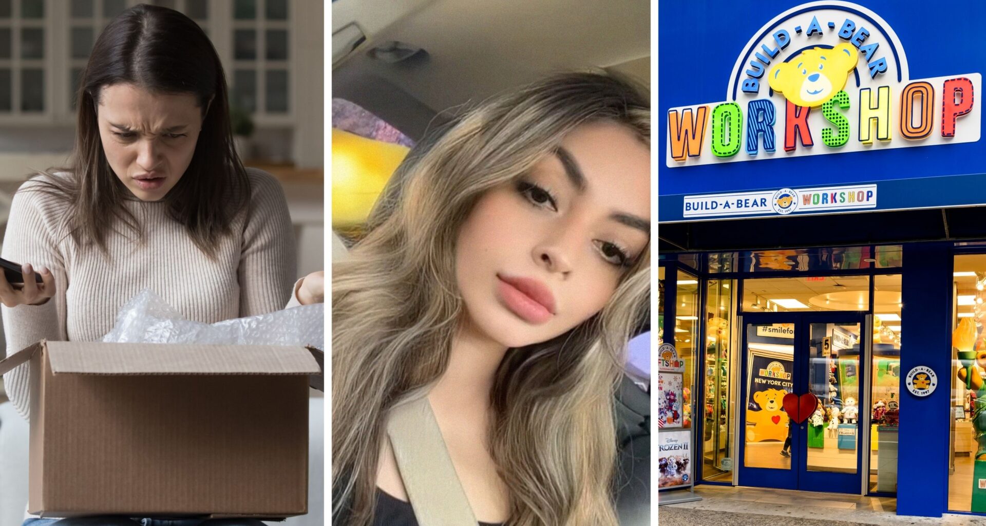 woman opening package (l) woman shares order issue (c) build-a-bear storefront (r)