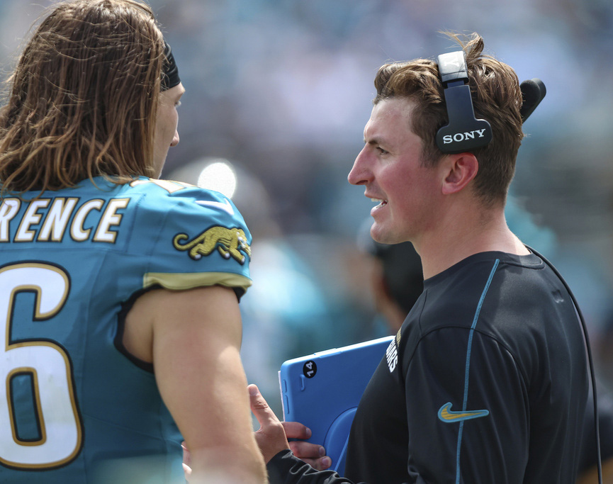 Jacksonville Jaguars offensive coordinator Grant Udinski walks the sideline during an NFL football game against the Houston Texans, Sunday, Sept. 21, 2025, in Jacksonville, Fla. The Jaguars defeated the Texans 17-10. 
