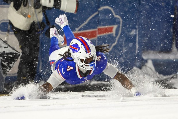 James Cook #4 of the Buffalo Bills celebrates after scoring a touchdown in the second quarter of a game against the San Francisco 49ers at Highmark Stadium on Dec. 01, 2024 in Orchard Park, New York. (Photo by Timothy T Ludwig/Getty Images)