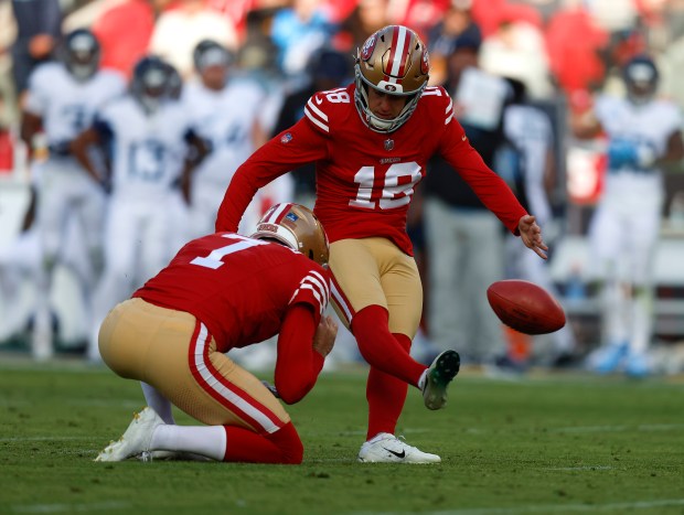 San Francisco 49ers kicker Eddy Pineiro (18) kicks a fieldgoal against the Tennessee Titans in the second quarter at Levi's Stadium in Santa Clara, Calif., on Sunday, Dec. 14, 2025. (Nhat V. Meyer/Bay Area News Group)