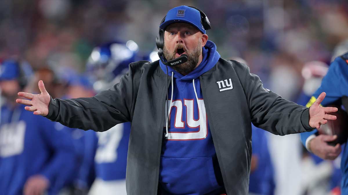 New York Giants head coach Brian Daboll reacts during the second quarter of the game against the Philadelphia Eagles at MetLife Stadium.