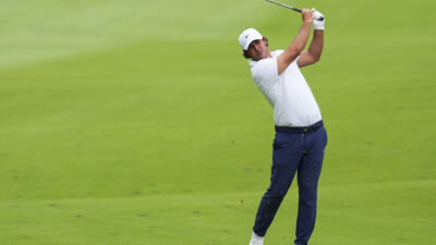 Aug 23, 2025; Detroit, Michigan, USA; Brooks Koepka of Smash GC plays his shot from the fairway on the sixth hole during the semifinals of the LIV Golf Michigan Team Championship at The Cardinal at Saint John's Resort.