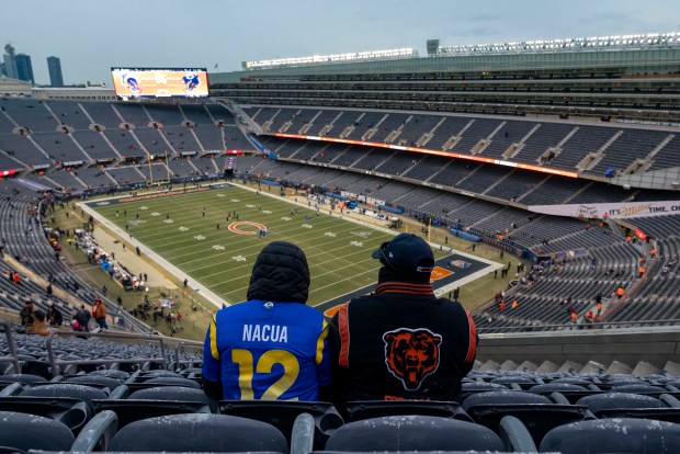 Chicago Bears and Los Angeles Rams fans arrive Jan. 18, 2026, before an NFC divisional playoff game at Soldier Field. (Brian Cassella)