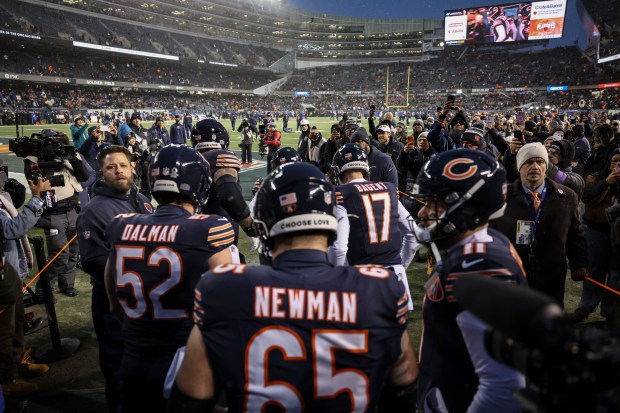 The Chicago Bears take the field to face the Los Angeles Rams on Jan. 18, 2026, in an NFC divisional playoff game at Soldier Field. (Brian Cassella/Chicago Tribune)