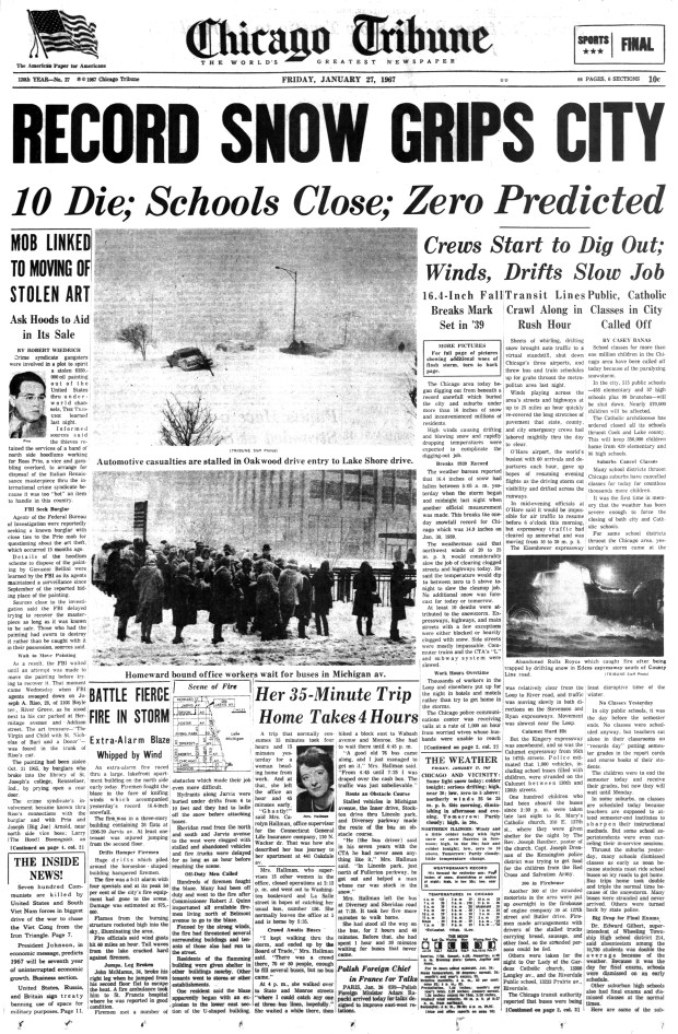 Snow began falling at 5:02 a.m. on Jan. 26, 1967, and didn't stop until a record-breaking 23 inches had accumulated the next day, according to the National Weather Service, making it the worst snowstorm recorded in Chicago history. (Chicago Tribune)