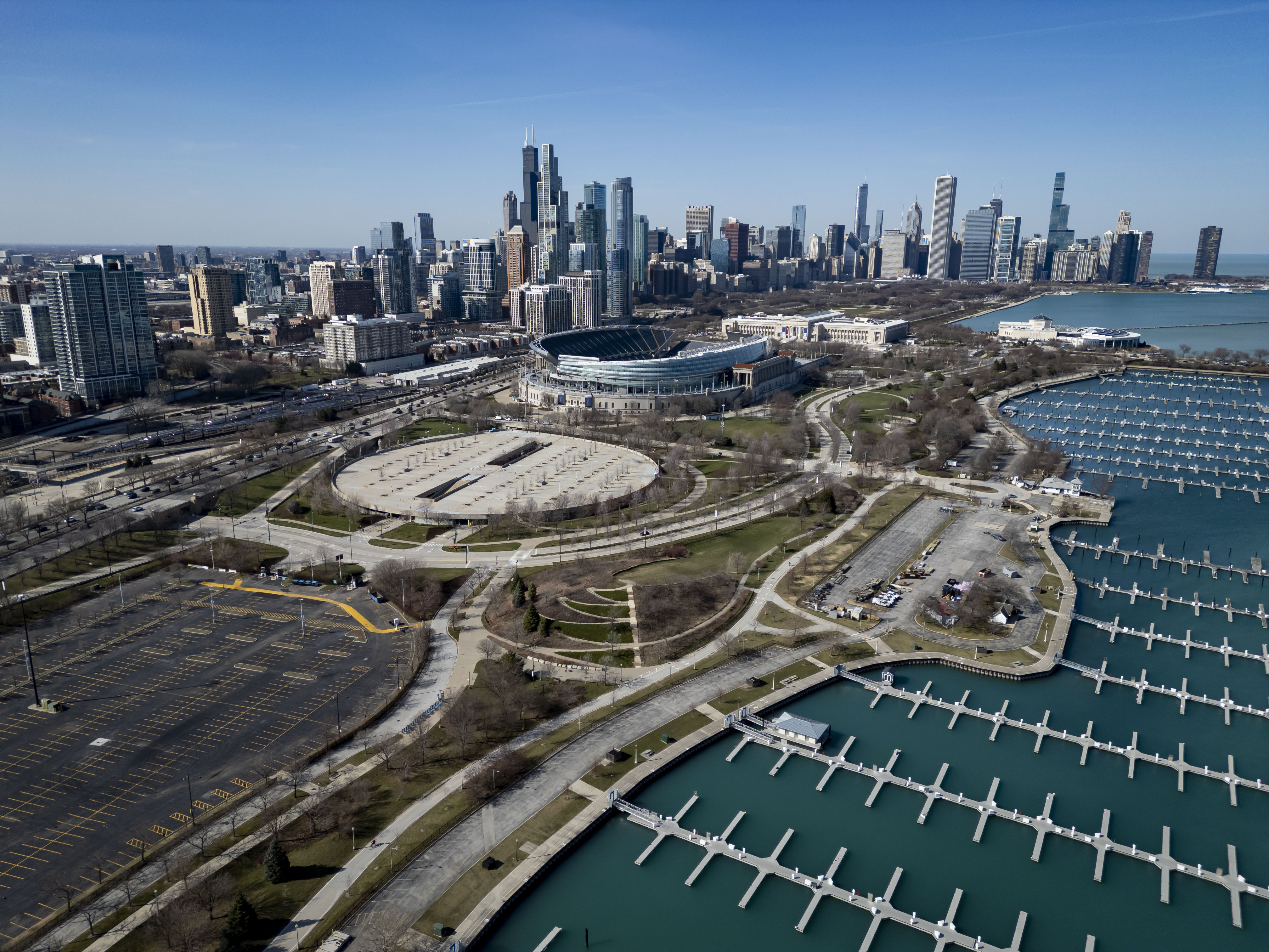 A parking lot and Waldron Deck south of Soldier Field...