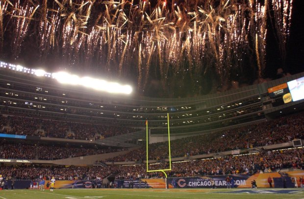 Pregame fireworks before the Chicago Bears game against the Green Bay Packers at the newly renovated Soldier Field, on Sept. 29, 2003. (José M. Osorio/Chicago Tribune)