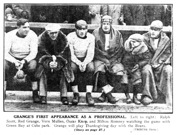 University of Illinois star Red Grange signed with the Chicago Bears on Nov. 22, 1925 the same day the team beat the Green Bay Packers 21-0 at Wrigley Field with Grange in attendance. (Chicago Tribune)
