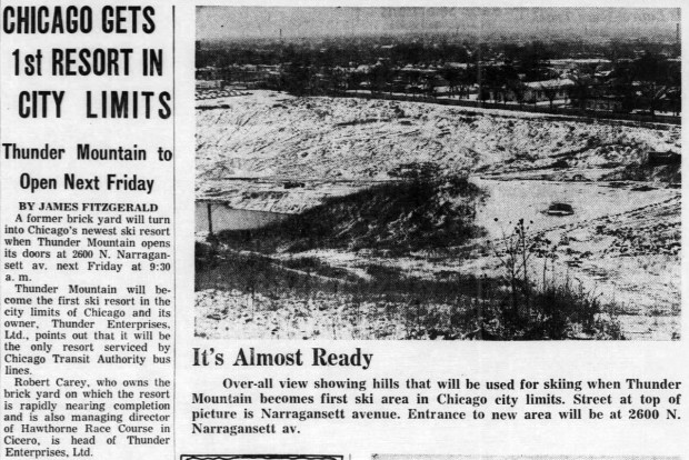 An abandoned brick yard at 2600 N. Narragansett Ave., was turned into the first ski area within Chicago, which opened in early 1968. Little snow, however, forced its closure and leveling for the next establishment on the site Brickyard Mall. (Chicago Tribune)
