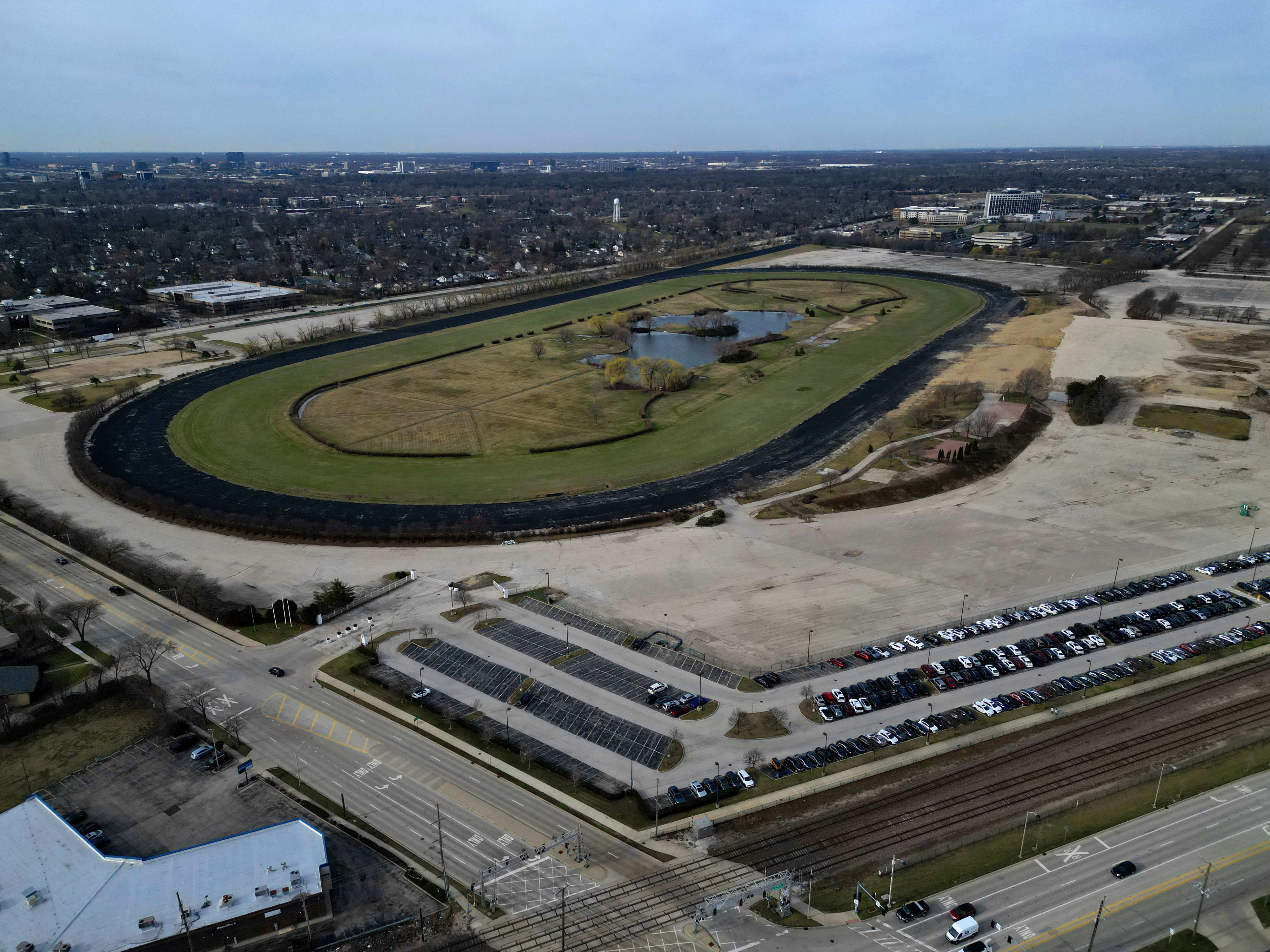 An aerial photo shows the former Arlington International Racecourse on...