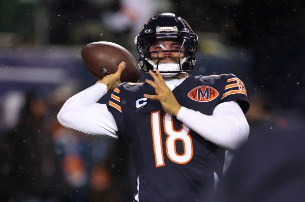 Chicago Bears quarterback Caleb Williams (18) warms up for the NFC wild-card game against the Green Bay Packers at Soldier Field in Chicago on Jan. 10, 2026. (Chris Sweda/Chicago Tribune)