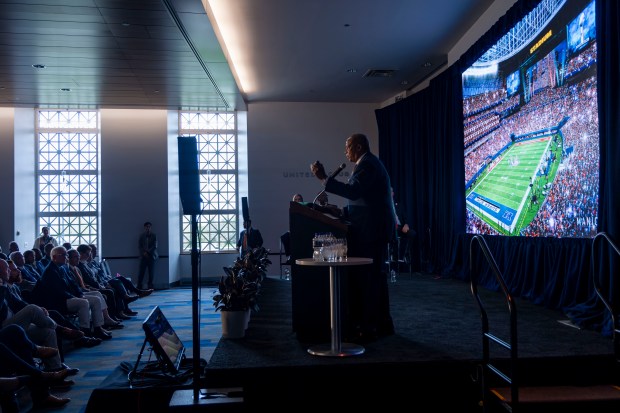 In 2024, team President and CEO Kevin Warren presented renderings as the Bears announced their plans to build a new domed lakefront stadium at Soldier Field in Chicago. (Brian Cassella/Chicago Tribune)