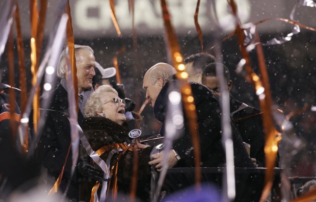 Virginia Halas McCaskey with Terry Bradshaw after the Chicago Bears beat the New Orleans Saints 39-14 to win the NFC Championship game on Jan. 21, 2007 at Soldier Field in Chicago. (John Smierciak/Chicago Tribune)