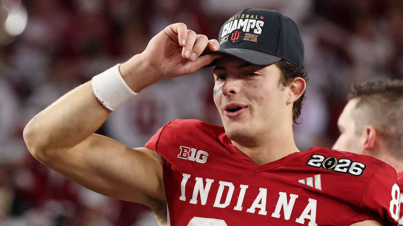 Indiana Hoosiers wide receiver Charlie Becker (80) celebrates after winning the College Football Playoff National Championship game at Hard Rock Stadium.