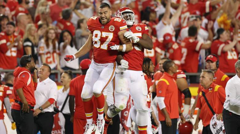Chris Jones #95 of the Kansas City Chiefs celebrates a sack with Travis Kelce #87 during the third quarter against the Los Angeles Chargers at Arrowhead Stadium on September 15, 2022 in Kansas City, Missouri