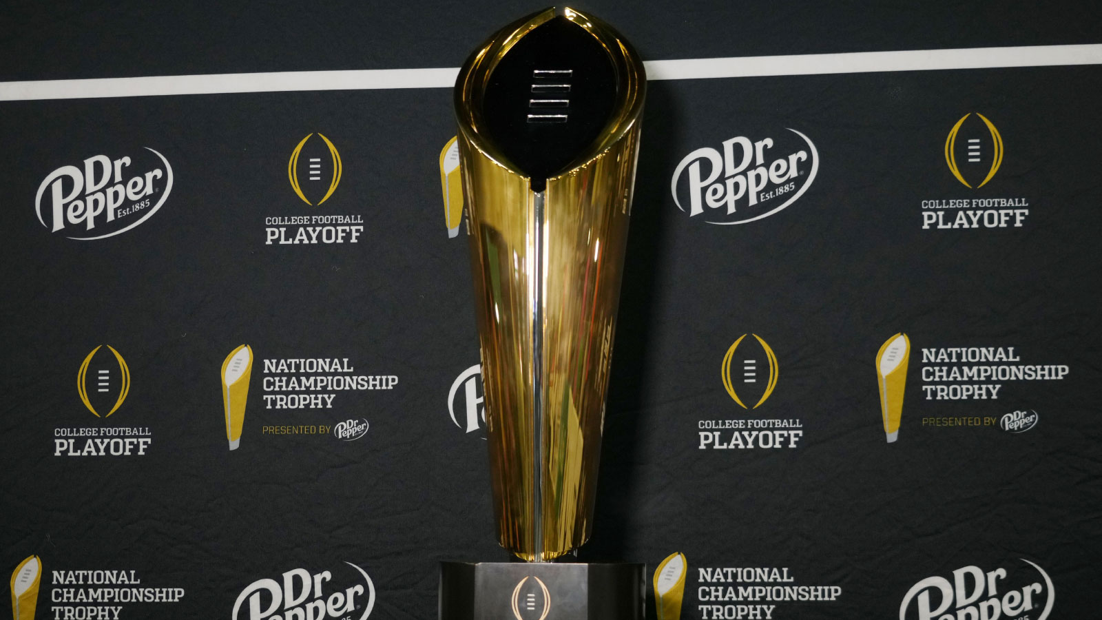 A general view of the trophy during media day for the 2025 College Football Playoff National Championship at Miami Beach Convention Center.