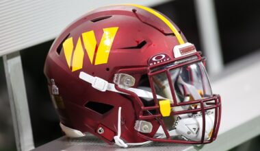 A Commanders helmet on the bench