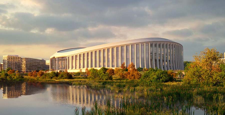 A conceptual view of the proposed Washington Commanders stadium from the Anacostia River during the day