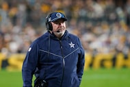 Dallas Cowboys head coach Mike McCarthy looks on during the first half of an NFL football...