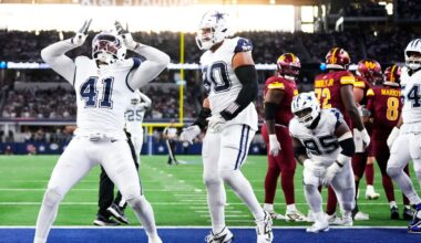 Dallas Cowboys defensive end Donovan Ezeiruaku (41), with defensive end Solomon Thomas (90) approaching, reacts after recording a sack against Washington Commanders quarterback Marcus Mariota (8) during the second half of an NFL football game Sunday, Oct. 19, 2025, in Arlington, Texas. (AP Photo/Jeffrey McWhorter)