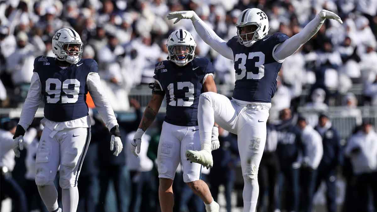 Penn State Nittany Lions defensive end Dani Dennis-Sutton (33) reacts following a sack on Southern Methodist Mustangs quarterback Kevin Jennings (not pictured) during the second quarter in the first round of the College Football Playoff at Beaver Stadium.