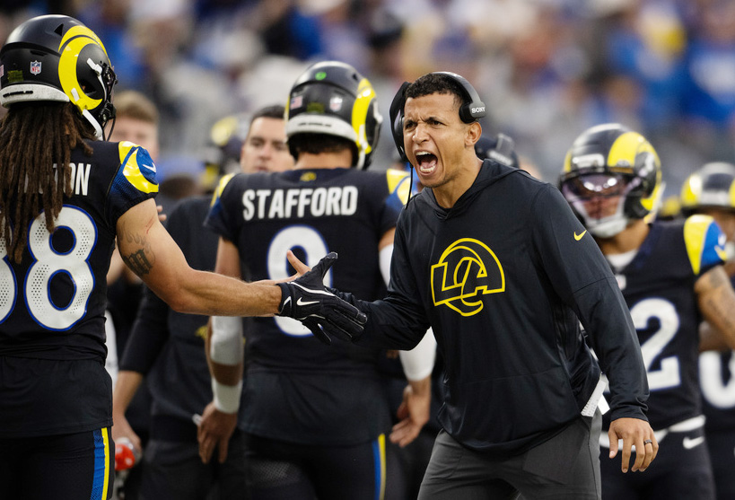 Los Angeles Rams pass game coordinator Nate Scheelhaase gestures during an NFL football game against the Seattle Seahawks, Sunday, Nov. 16, 2025, in Inglewood, Calif. 