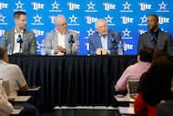Dallas Cowboys head coach Brian Schottenheimer (from left), COO Stephen Jones, owner and...