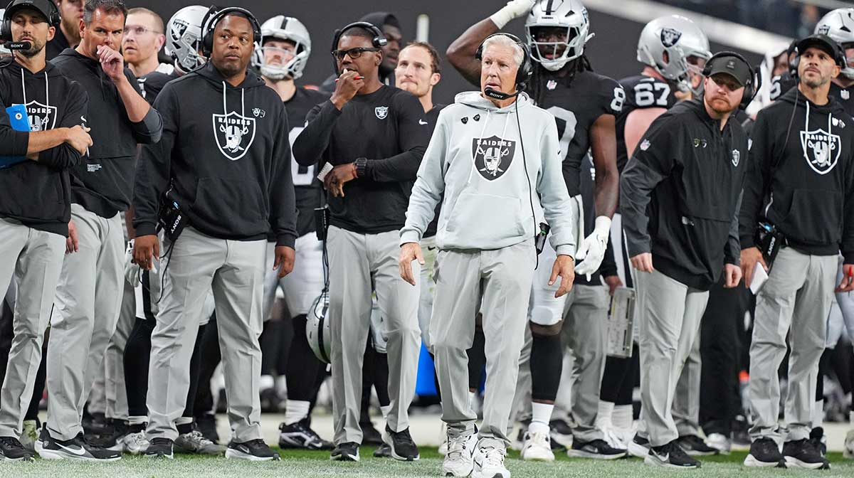 Las Vegas Raiders head coach Pete Carroll looks on during the second half against the Jacksonville Jaguars at Allegiant Stadium.