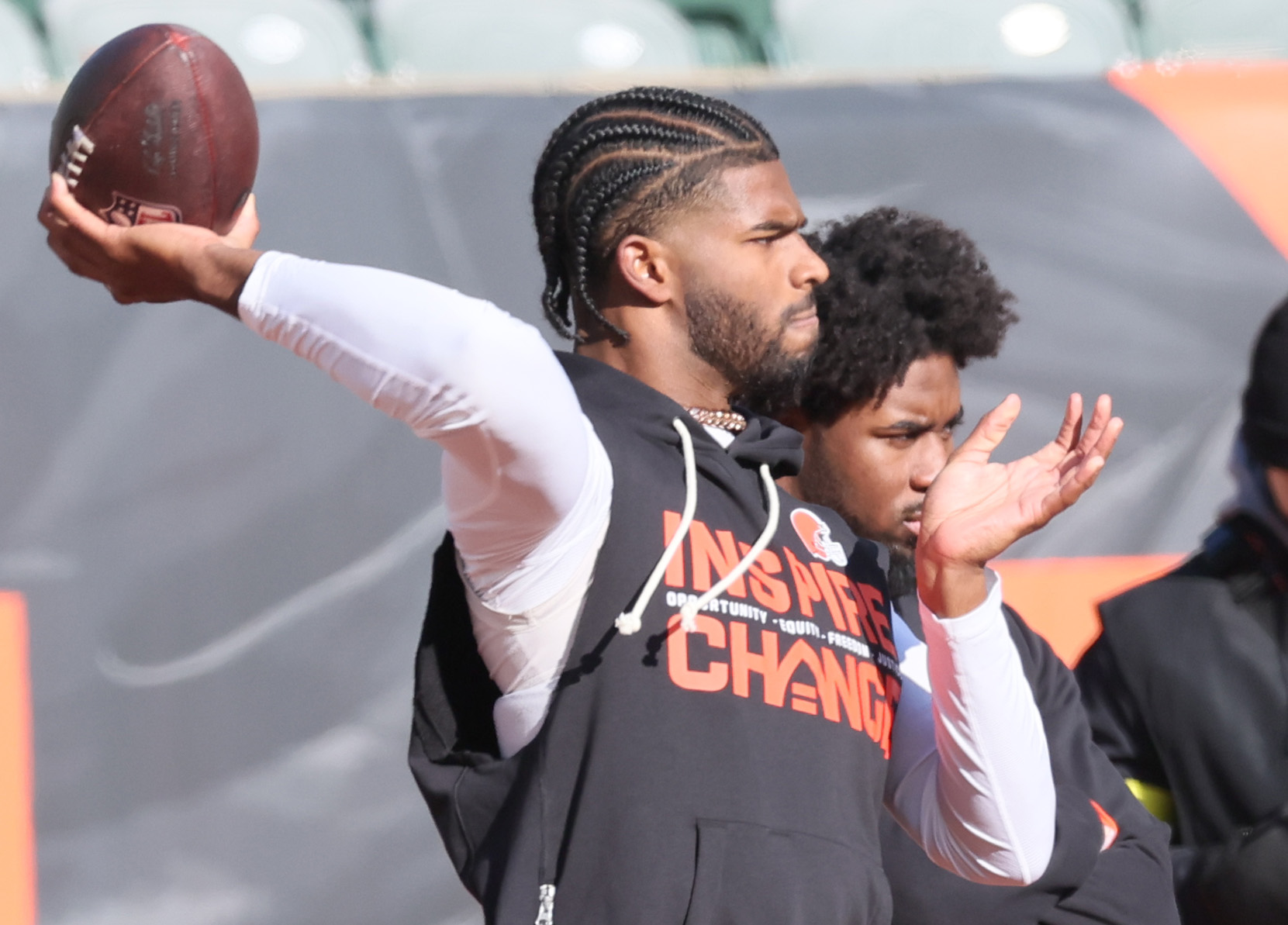 Cleveland Browns quarterback Shedeur Sanders throws a pass in warm ups before their game against the Cincinnati Bengals.  