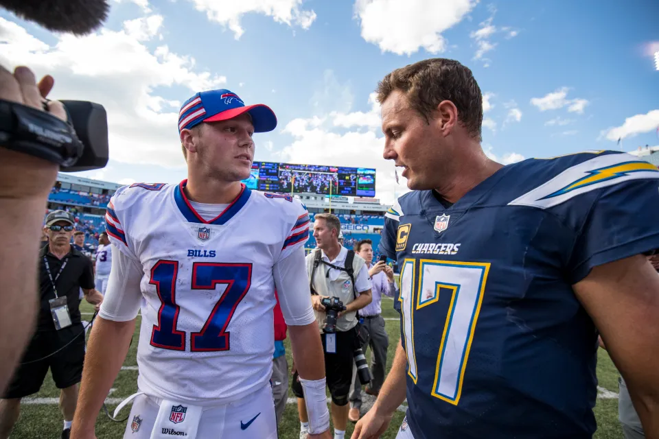 ORCHARD PARK, NY - SEPTEMBER 16: Josh Allen #17 of the Buffalo Bills shakes hands with Philip Rivers #17 of the Los Angeles Chargers after the game at New Era Field on September 16, 2018 in Orchard Park, New York. Los Angeles defeats Buffalo 31-20. (Photo by Brett Carlsen/Getty Images)