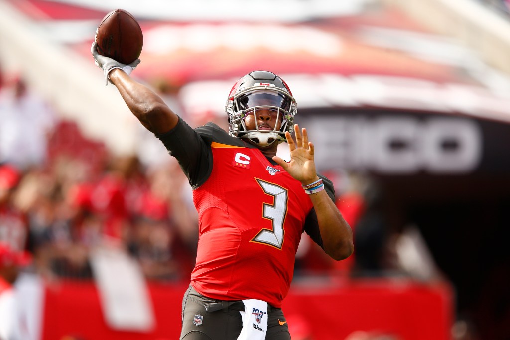 Jameis Winston #3 of the Tampa Bay Buccaneers warms up prior to the game against the Atlanta Falcons at Raymond James Stadium on December 29, 2019 in Tampa, Florida