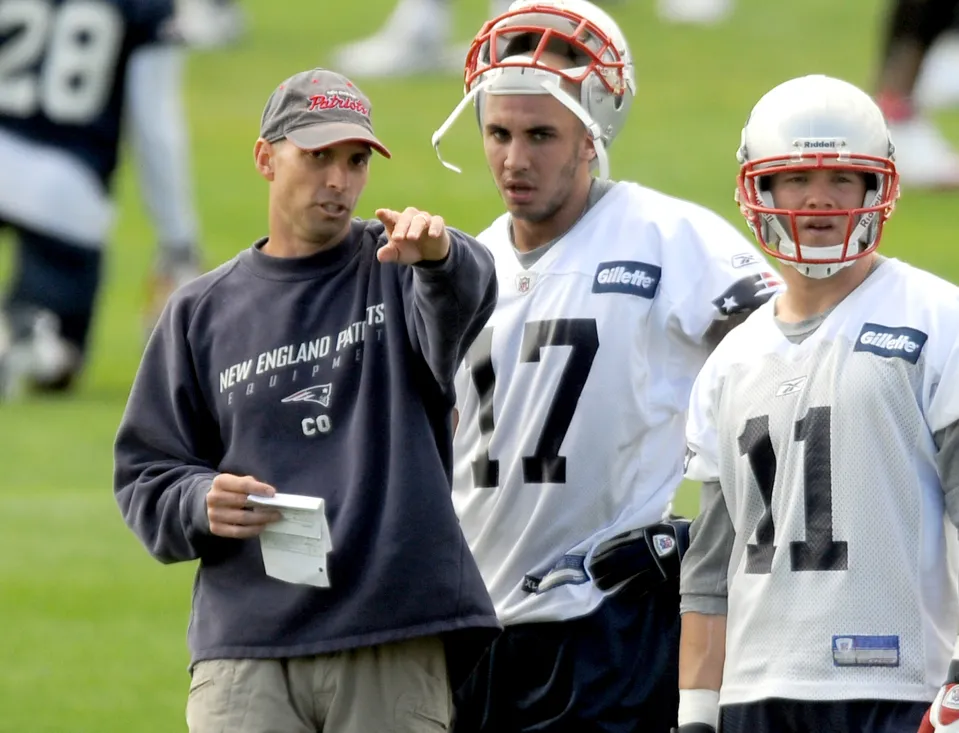(061710 Foxborough, MA) Day three of Patriots mini camp. Coach Chad O'Shea with Taylor Price (#17) and Julian Edelman. Thursday, June 17, 2010. Staff photo by Ted Fitzgerald (Photo by Ted Fitzgerald/MediaNews Group/Boston Herald via Getty Images)