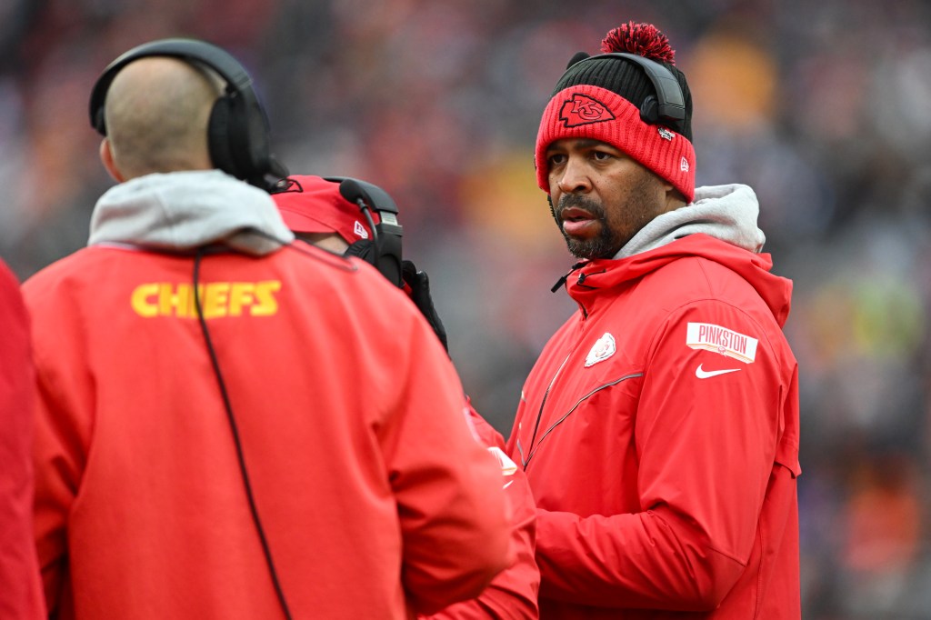 Running backs coach Todd Pinkston of the Kansas City Chiefs looks on during the first quarter against the Cleveland Browns at Huntington Bank Field on December 15, 2024 in Cleveland, Ohio. 