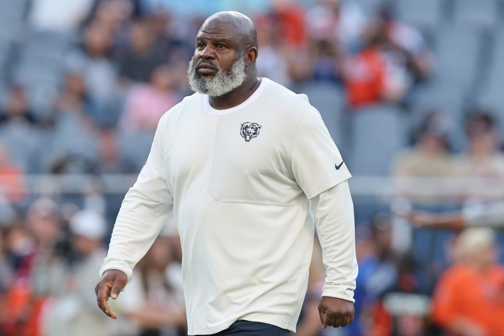 Running backs coach Eric Bieniemy of the Chicago Bears looks on prior to the NFL Preseason 2025 game between Buffalo Bills and Chicago Bears at Soldier Field on August 17, 2025 in Chicago, Illinois. 