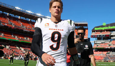 CLEVELAND, OHIO - SEPTEMBER 07: Joe Burrow #9 of the Cincinnati Bengals walks off the field after the game against the Cleveland Browns during the game at Huntington Bank Field on September 07, 2025 in Cleveland, Ohio. (Photo by Gregory Shamus/Getty Images)