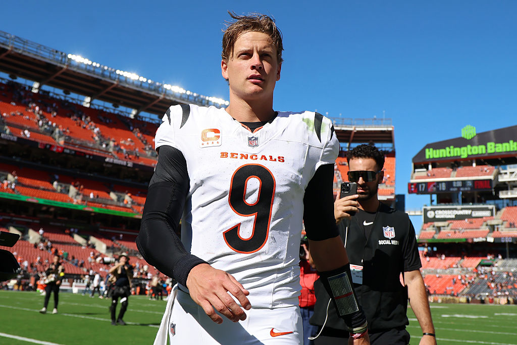 CLEVELAND, OHIO - SEPTEMBER 07: Joe Burrow #9 of the Cincinnati Bengals walks off the field after the game against the Cleveland Browns during the game at Huntington Bank Field on September 07, 2025 in Cleveland, Ohio. (Photo by Gregory Shamus/Getty Images)