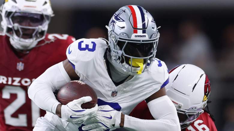 ARLINGTON, TEXAS - NOVEMBER 03: George Pickens #3 of the Dallas Cowboys rushes ahead of Max Melton #16 of the Arizona Cardinals during the first quarter in the game at AT&T Stadium on November 03, 2025 in Arlington, Texas. (Photo by Sam Hodde/Getty Images)