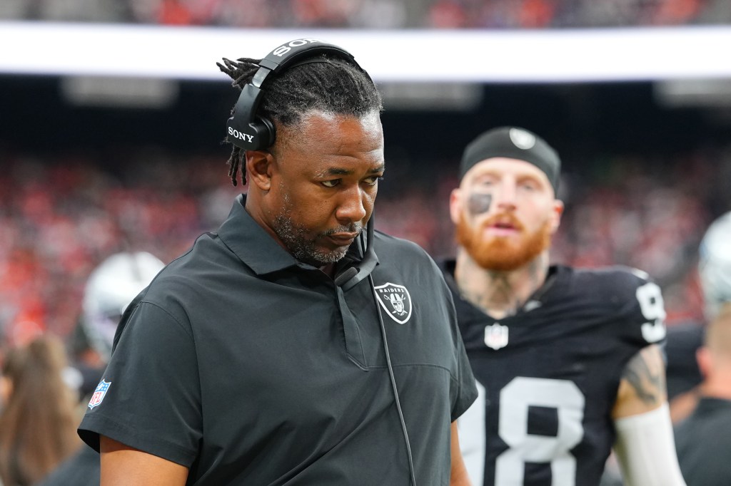Defensive coordinator Patrick Graham of the Las Vegas Raiders walks on the sideline before a game against the Denver Broncos at Allegiant Stadium on December 07, 2025 in Las Vegas, Nevada. 