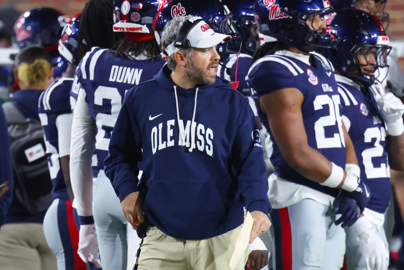 Ole Miss head coach Pete Golding with players